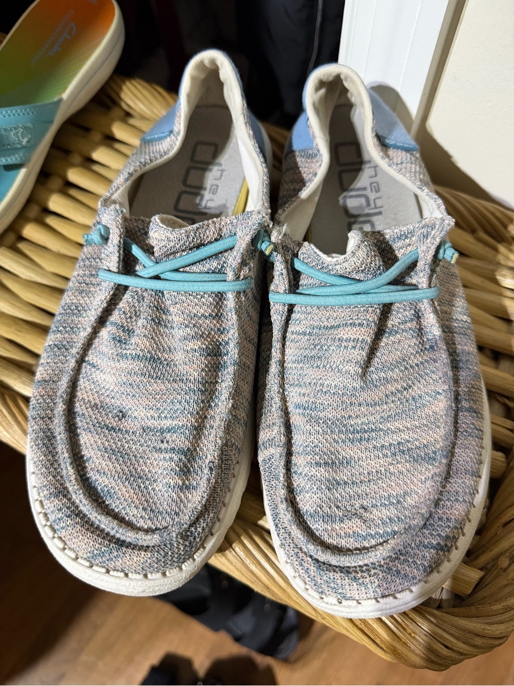 Hey Dude Slip-On Sneakers in Light Blue and Pink Knit